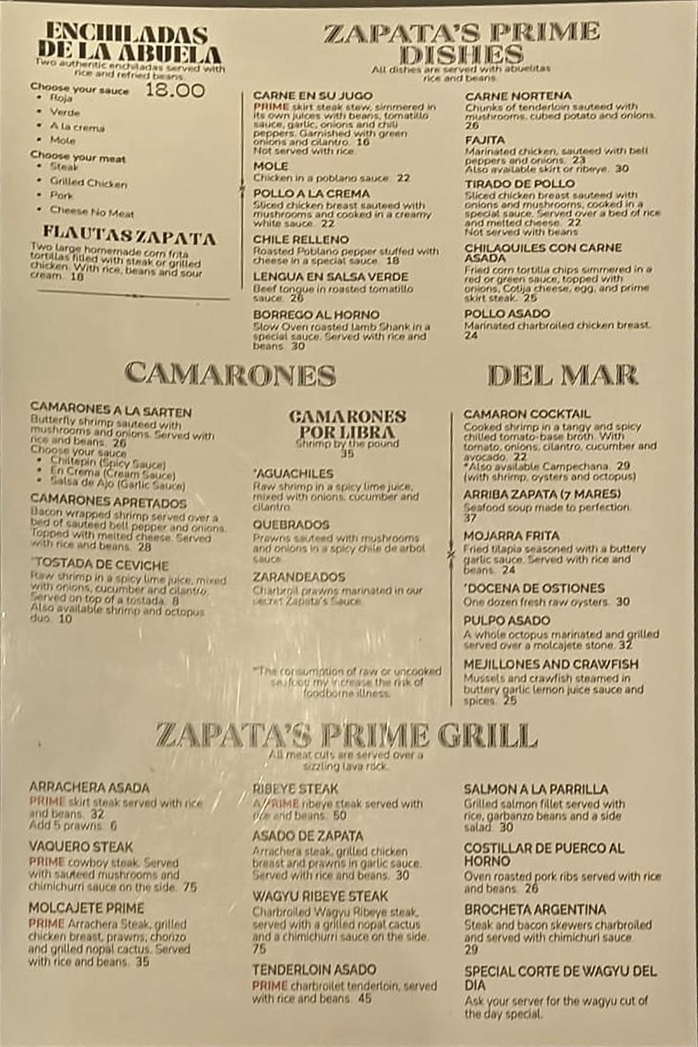 Menú de Zapata's antes