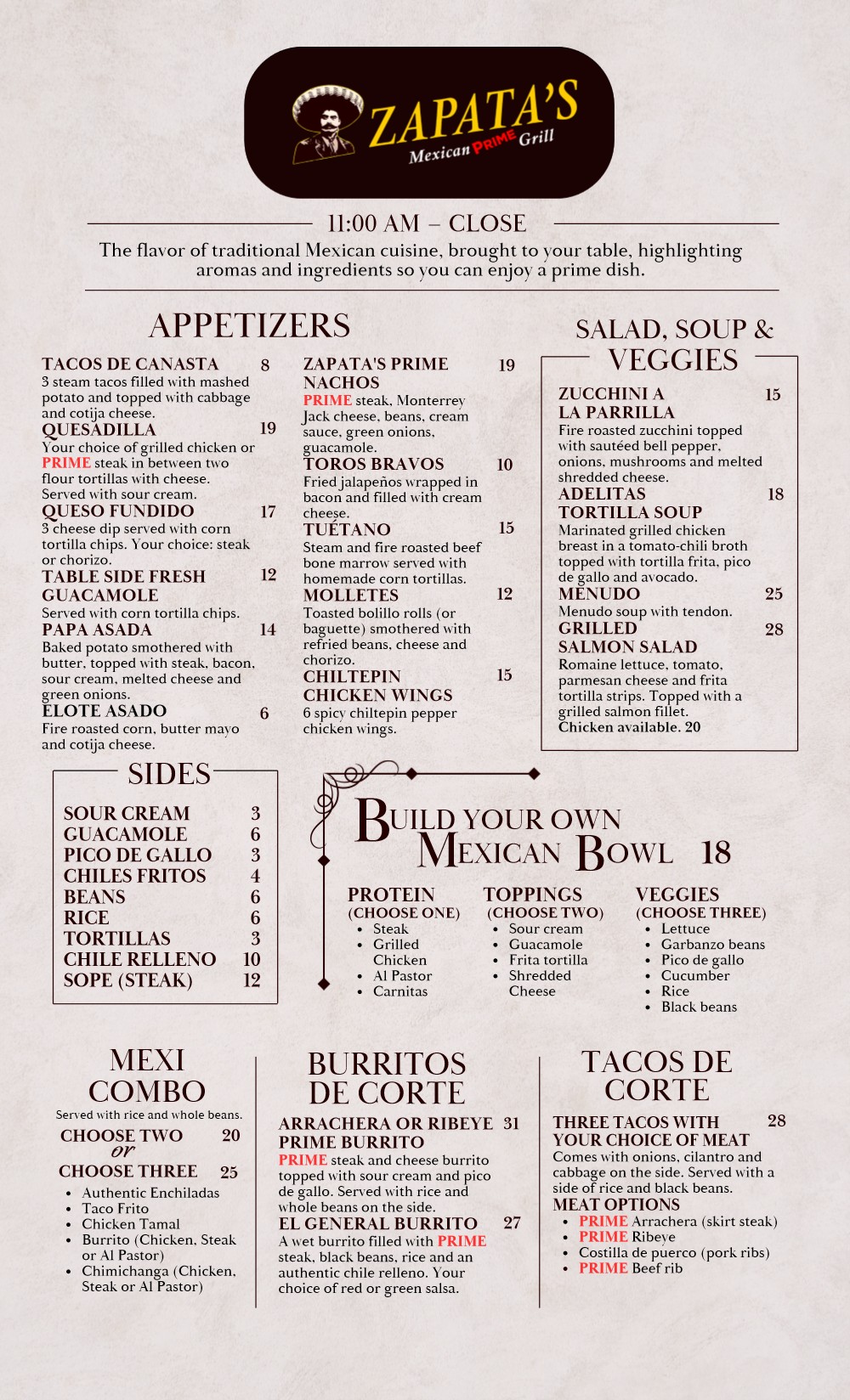 Menú de Zapata's rediseñado, página 1
